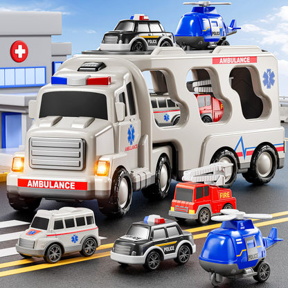 JUKUDAHU 5-in 1 Play Ambulance Toy Vehicle Toddler Truck Toys for 3 4 5 6 7 Year Old Boys - Friction Powered Cars with Light and Sound, Police Car, Fire Truck, Ambulance Car, Birthday Gifts for Kids