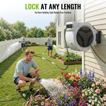 Retractable Garden Hose Reel 100ft x 1/2 in, Wall Mounted Garden Hose Reel with Auto Rewind, 180° Swivel Bracket, UV Resistant Water Hose Reel with 10 Spray Nozzle, Heavy Duty for Outside Use