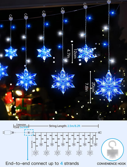 BEEWIN Christmas Snowflake Lights Outdoor,8.2 FT 144 LED Snowflake Icicle Lights with 12 Drops,8 Modes Timer Waterproof Connectable Xmas Light for Eaves,Windows,Curtain,Indoor Outdoor(Blue White)