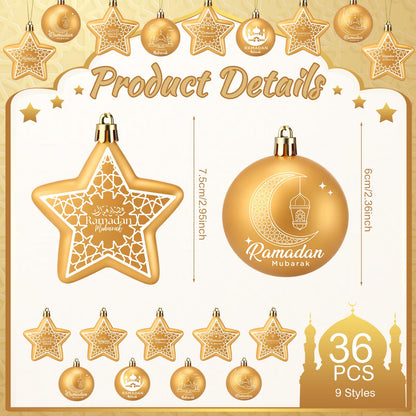 PullCrease 36 Pcs Eid Mubarak Decorations Ramadan Hanging Decorations Gold Moon Ornaments Plastic Eid Mubarak Hanging Balls Star Ramadan Islamic Decor for Home Window Islamic Muslim Tree Party Decor