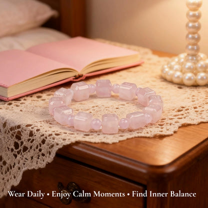 Rose Quartz Sugar Cube Healing Crystal Bracelet for Women – Love, Compassion, Emotional Balance, Stress Relief & Self-Love Energy Jewelry, Premium Gift-Box Included for Ready-to-Give Jewelry Gifts