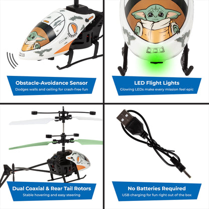 Star Wars Baby Yoda RC Helicopter – Easy‑Fly Remote Control Helicopter with LED Lights, Durable Body, Coaxial & Rear Rotors – Kids 8+