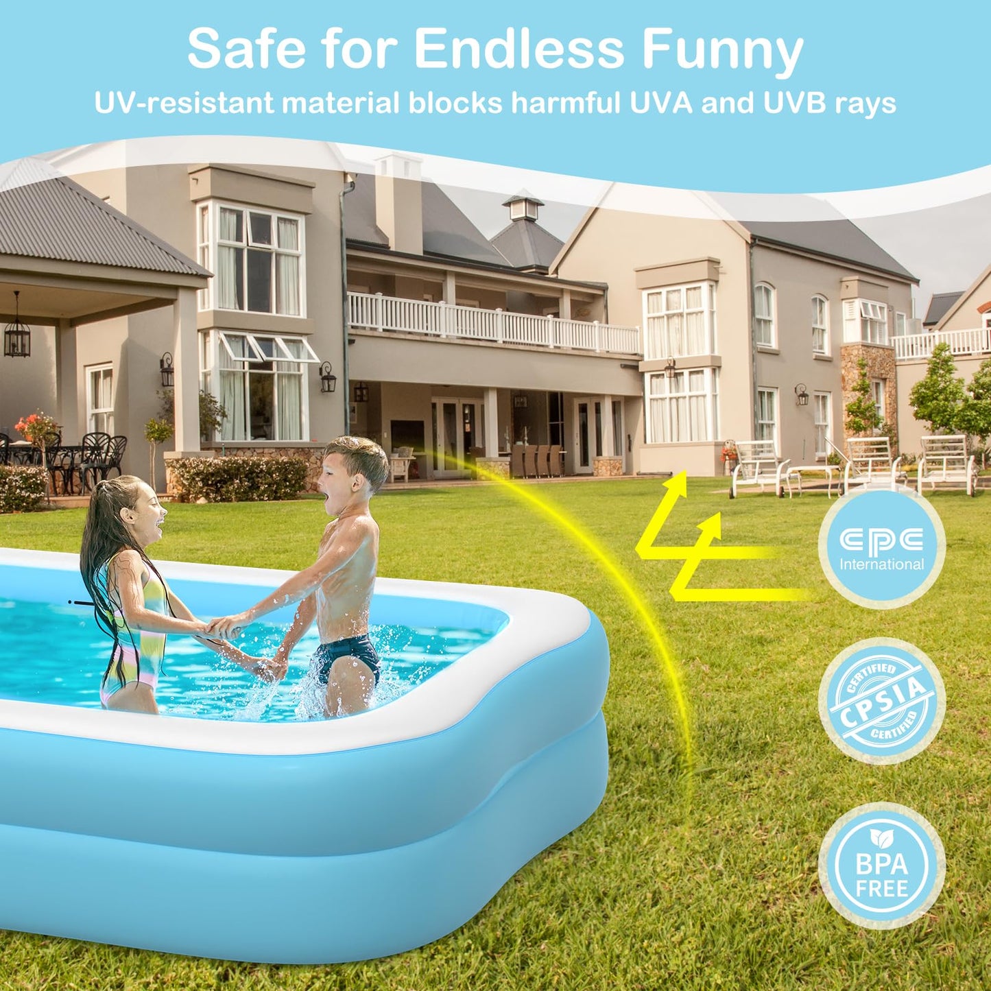 Sumbee Inflatable Swimming Kiddie Pool for Adults Kids Ages 4-8-12, Size 103" X 69" X 20" Rectangle Blow Up Family Pool for Children Backyard Outdoor Garden Summer Water Party Full-Sized Light Blue