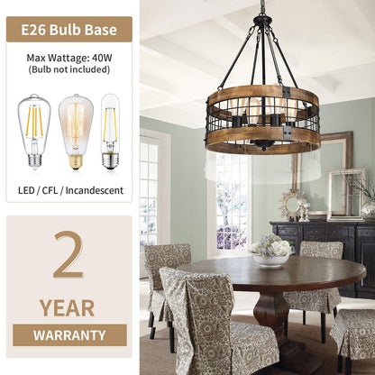 4-Light Rustic Chandelier for Entryway, Round Farmhouse Light Fixtures for Dining Room, Industrial Drum Hanging Pendant Lighting for Kitchen Island, Nature Wood Texture and Black Metal Finish