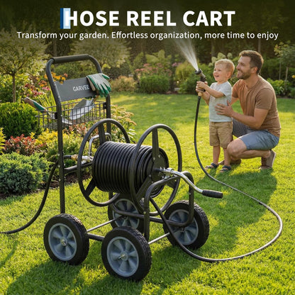 Garvee Hose Reel Cart, 4 Wheels Heavy Duty Mobile Garden Hose Cart Holds 250ft of 5/8" Water Hose, Powder-Coated Steel with Storage Basket for Yard, Lawn, Outdoor Planting