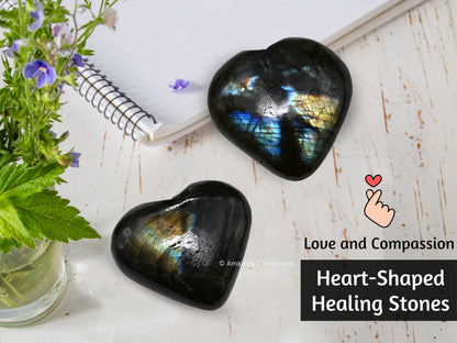 Amazing Gemstone Labradorite Crystal Heart Palm Stone - Pocket Massage Worry Stone for Natural Body Chakra Balancing, Reiki Healing and Crystal Grid