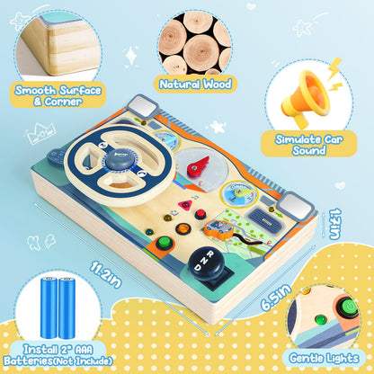Busy Board Montessori Toys for 1 2 3 Year Old, Wooden Toddler Sensory Toy Busy Board with LED Lights Sound Switch, Toddlers Activity Travel Toy, Steering Wheel Toddler Toys Christmas Gift for Boy Girl