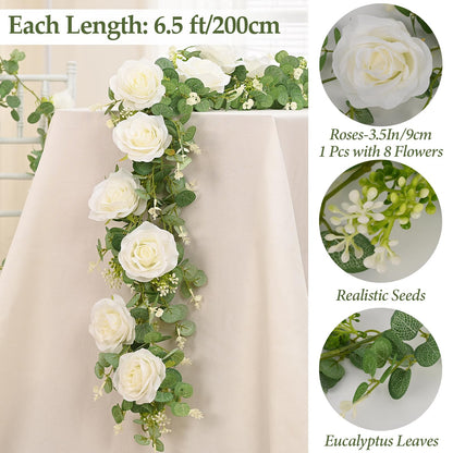 Dolicer 4Pcs 26Ft Artificial Eucalyptus Garlands with Flowers - 8 Roses, Faux Floral Greenery Garlands Fake Flowers Vines for Wedding Table Centerpieces Arch Party Ceremony Backdrop Decor (White)