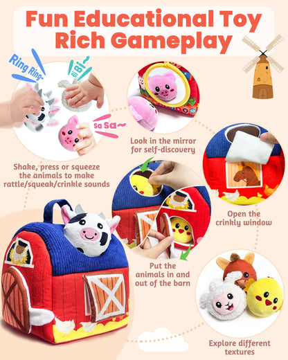 Baby Toys 6-12 Months - Infant Barn Toy with Stuffed Farm Animals, Rattle, Crinkle, Squeak, Mirror - Montessori Sensory Toys for 6 7 8 9 10 12 Month Old Babies, 1 Year Old Baby Boy Girl Gifts