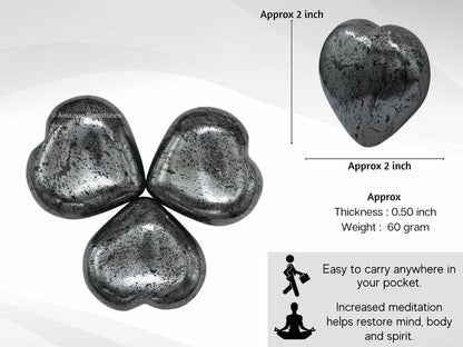 Amazing Gemstone Hematite Crystal Heart Palm Stone - Pocket Massage Worry Stone for Natural Body Chakra Balancing, Reiki Healing and Crystal Grid