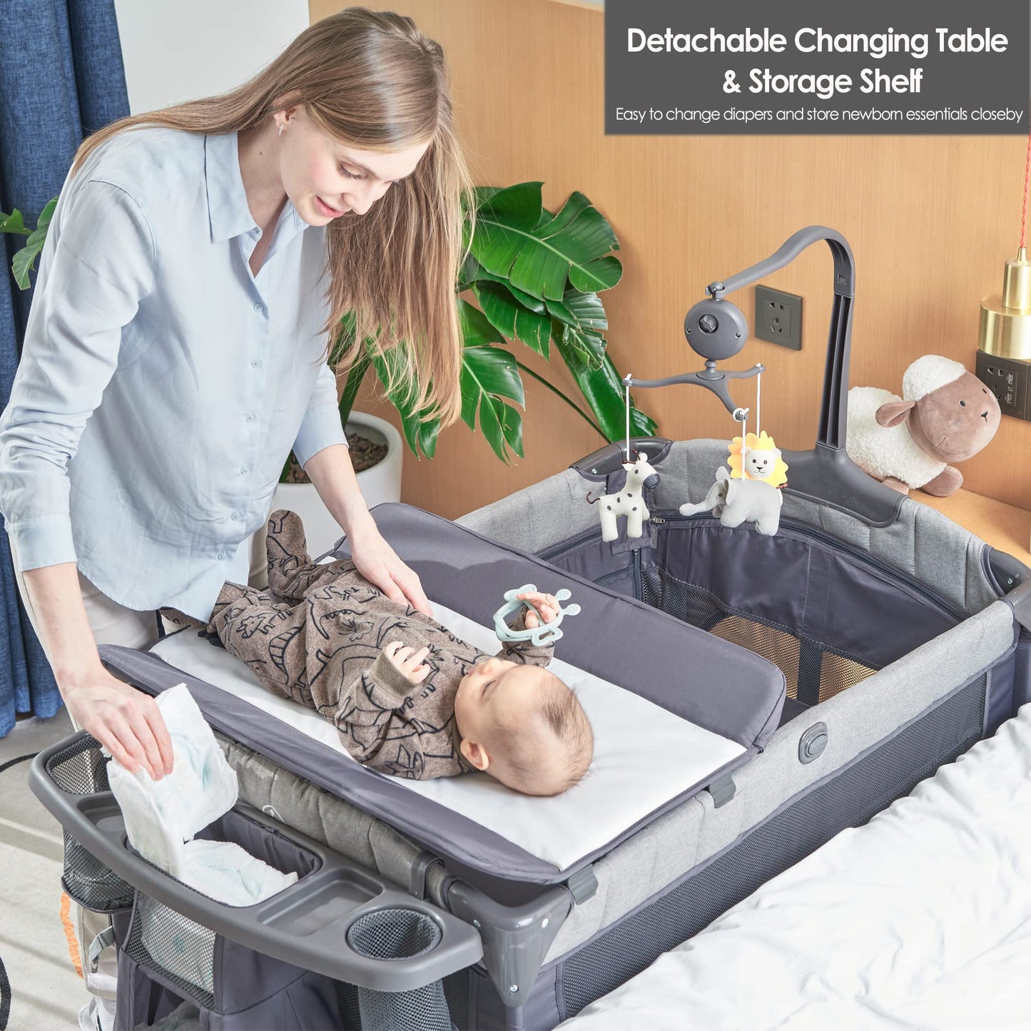 QUTANIX Baby Bedside Bassinet Sleeper,5-in-1 Pack and Play with Full-Size Bassinet,Baby Playard with Changing Table,Storage Shelf,Music Mobile with Soft Toys for Newborn to Toddlers (Grey)