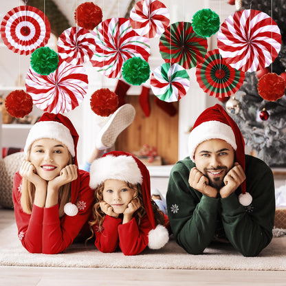 Outus 21 Pcs Christmas Candy Hanging Paper Fans Peppermint Christmas Banners Xmas Classroom Ceiling Decorations Tissue Poms Honeycomb Ball Ornaments for Birthday Wall Decor Supplies(Classic)
