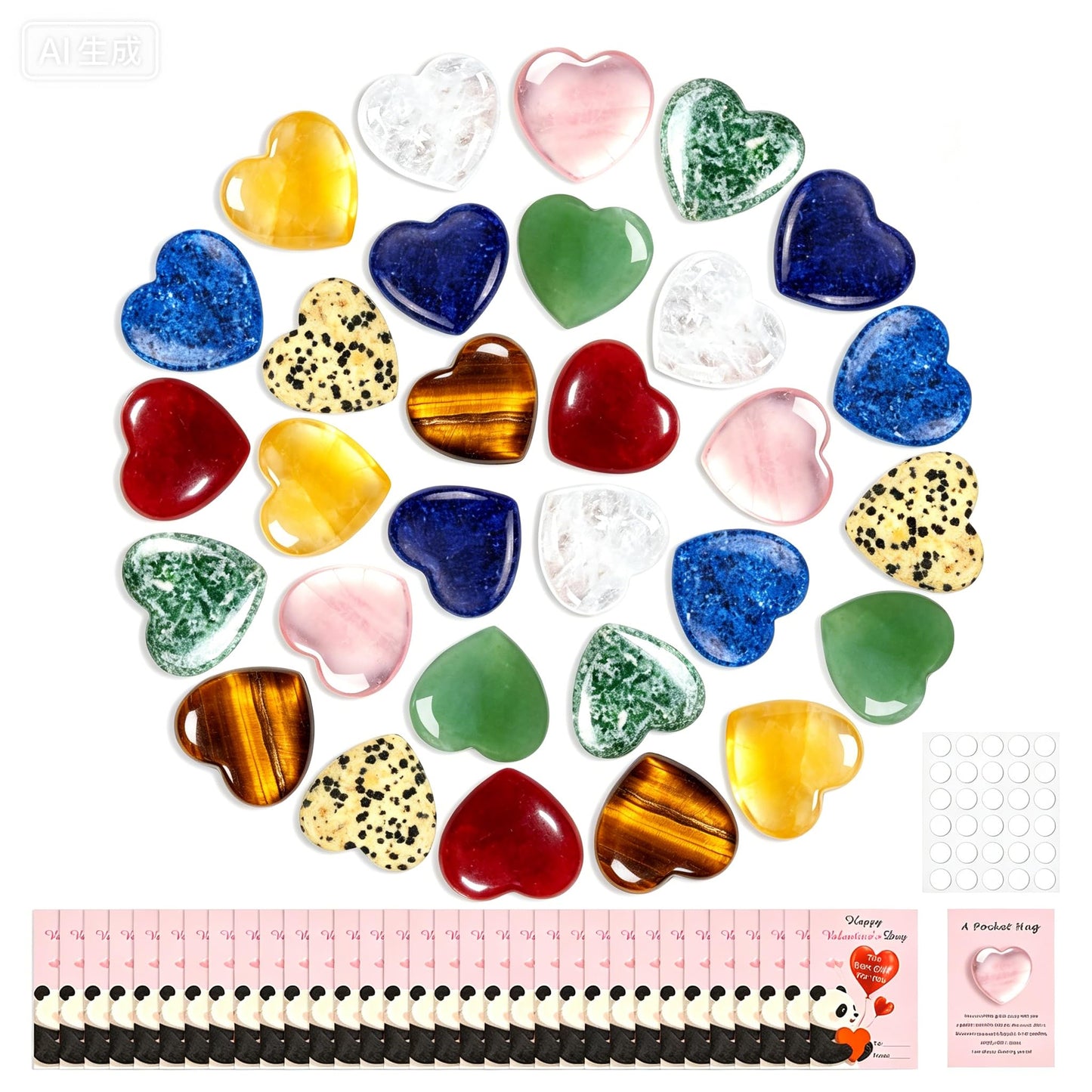 VRBELNI 30 Packs Healing Crystals Set for Anxiety Stress Relief, Natural Heart Chakra Stones Reiki Kit with Positive Cards, Self Care Gift for Women Men (Comes with 'Valentine's Day' Printed Card)