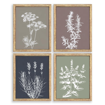 GUMEYJIA Boho Wall Art Set of 4 Framed Herb Prints Botanical White Floral Sketches with Gray and Sage Green Background Modern Farmhouse Decor Home Kitchen Wall Decor (8x10 in)