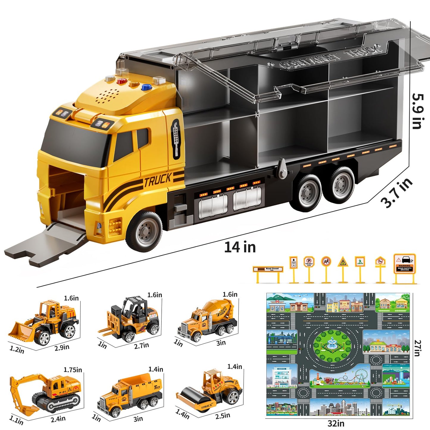 TEMI Construction Truck Set with Play Mat, Carrier Truck Toys for Kids Toddlers, Die-Cast Metal Toy Car Set, Christmas Birthday Gift for Age 3 4 5 6 + Years Old Boys Girls