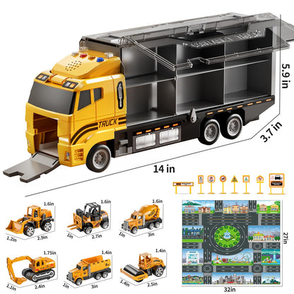 TEMI Construction Truck Set with Play Mat, Carrier Truck Toys for Kids Toddlers, Die-Cast Metal Toy Car Set, Christmas Birthday Gift for Age 3 4 5 6 + Years Old Boys Girls