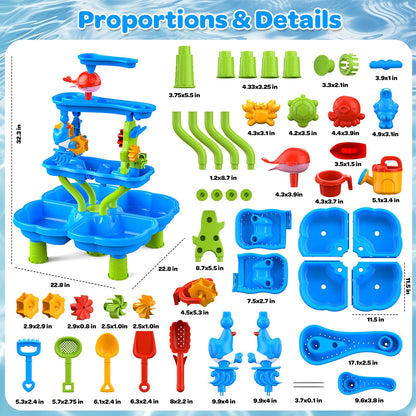 DUONIZAY Water Sand Table for Toddler Kids - 4-Tier Multifunctional Summer Toys,Outdoor Backyard Beach Playset with Stable Design,Sensory Learning Activity Game Gift for Boys Girls(Ocean Blue)