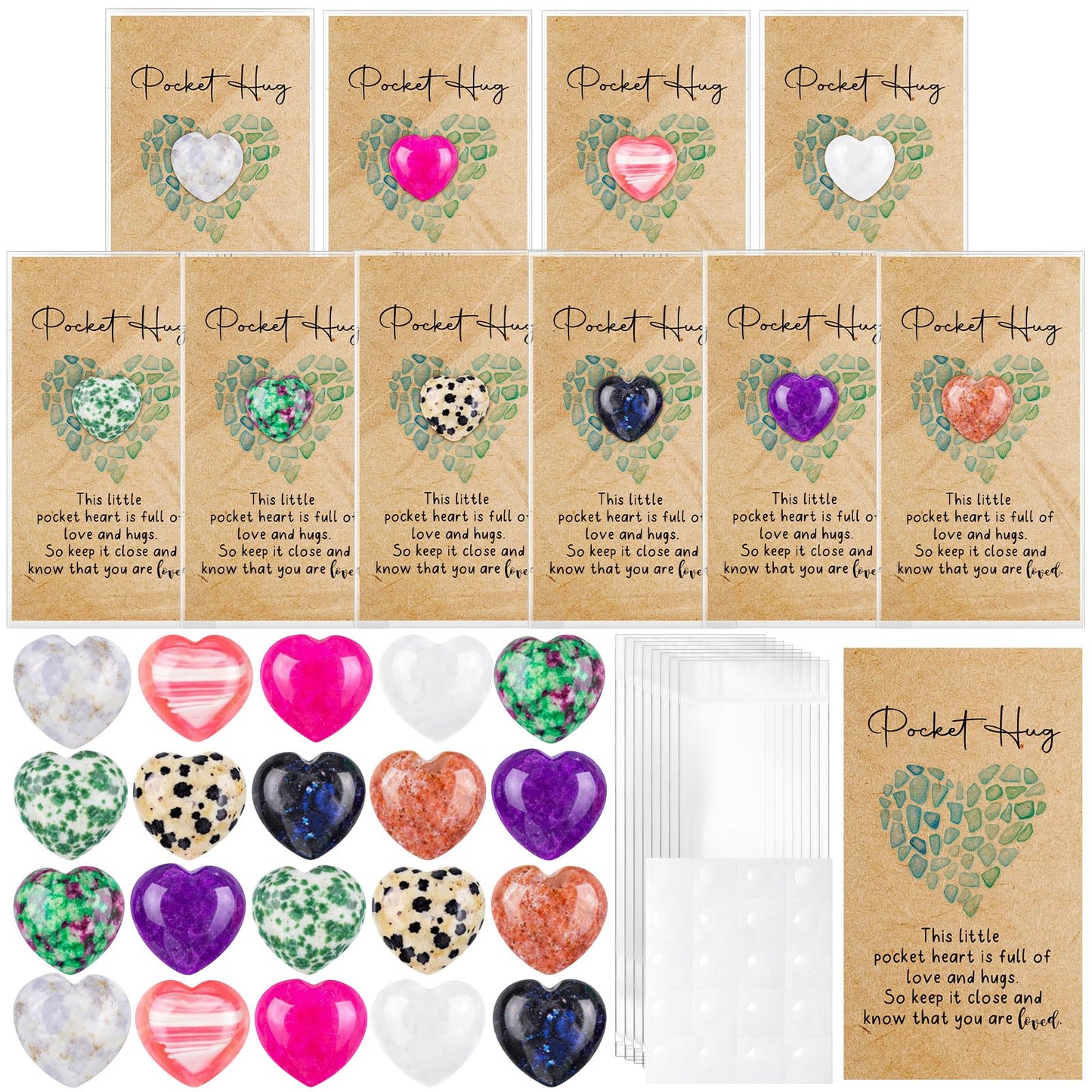 Nosiny 45 Sets Heart Stones Bulk Mother's Day Gift for Women Pocket Hug Token 0.8'' Natural Heart Crystals and Healing Stones with Card Employee Coworker Volunteer Nurse Graduation Meditation Gift