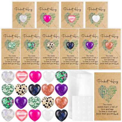 Nosiny 30 Sets Heart Stones Bulk Mother's Day Gift for Women Pocket Hug Token 0.8'' Natural Heart Crystals and Healing Stones with Card Employee Coworker Volunteer Nurse Graduation Meditation Gift