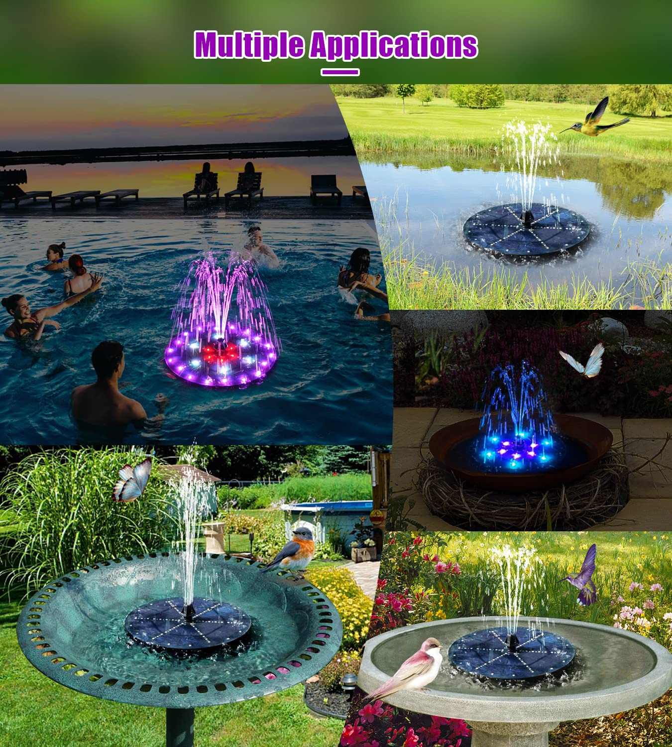 SZMP Solar Fountain 4W Bird Bath Fountains Upgraded 60 LED Lights, Built-in 4000 mAh Battery with 7 Nozzles & 4 Fixers, Solar Water Fountain for Garden, Bird Bath, Pool, Pond, Outdoor
