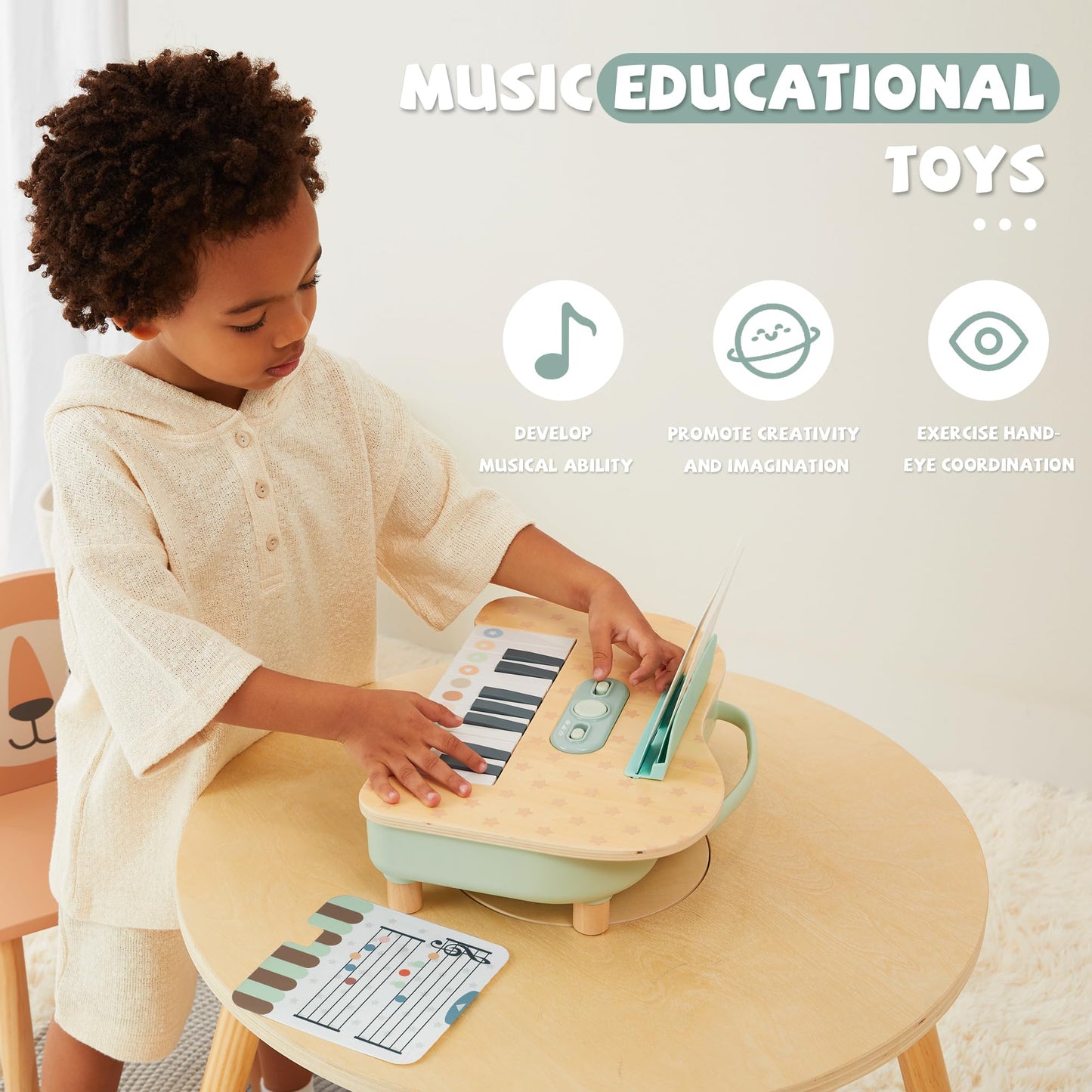FReniland Wooden Baby Piano, 18 Keys Digital Toddler Piano, Musical Educational Instrument Toy with Music Scores for Boys Girls Ages 2+