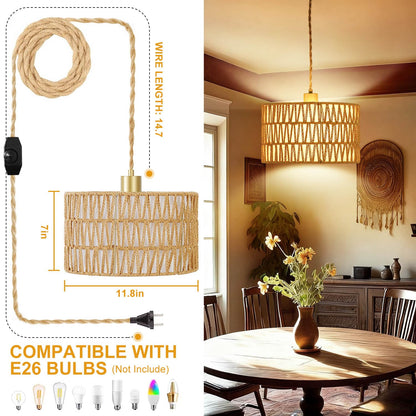 Vannise Dimmable Boho Hanging Lights with Plug in Cord 14.7ft，2 in 1 Shade Plug in Pendant Light Rattan Hanging Lamp with E26 Bulb, Long Lasting Wicker Plug in Pendant lamp Fixture for Living Bedroom