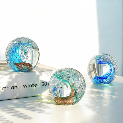 Hand Blown Glass Ocean Wave Ball, 2.3" Blue Sea Wave Crystal Figurine Paperweight, Decorative Glass Sphere Ornament for Home Office, Nautical Decor Collectible, Birthday Gift for Ocean Lovers