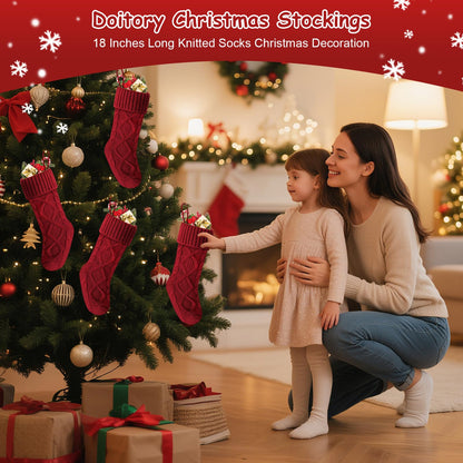 Doitory Christmas Stockings 18 Inches,Long Knitted Socks Christmas Decoration Hanging Stocking Fireplace Xmas Tree Stocking for Home Family（6P-red）