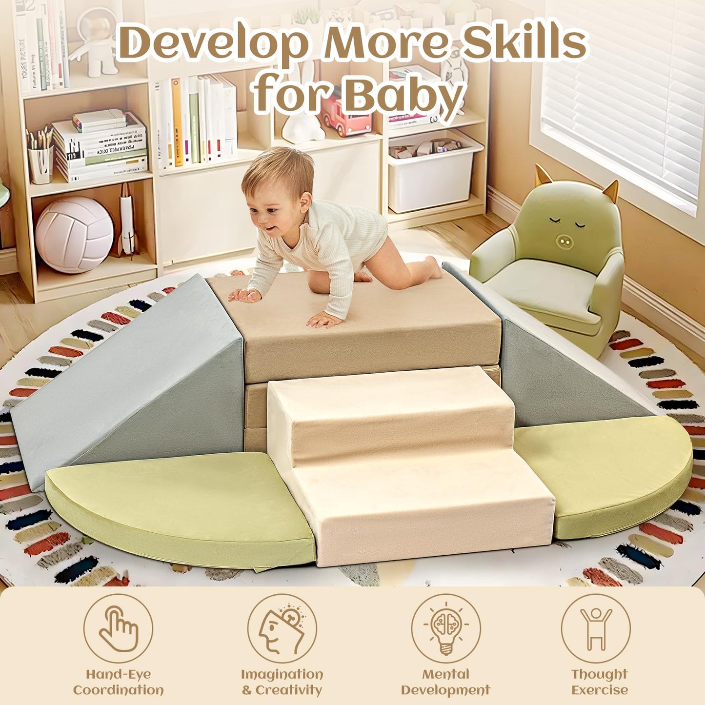 6-Piece Toddler Climbing Toys Indoor, Foam Climbing Toys for Toddlers, Soft Play Baby Climbing Blocks for Crawling and Sliding, Safe Climbing Play Set Indoor Gym Equipment for Toddler1-3, Infant, Baby
