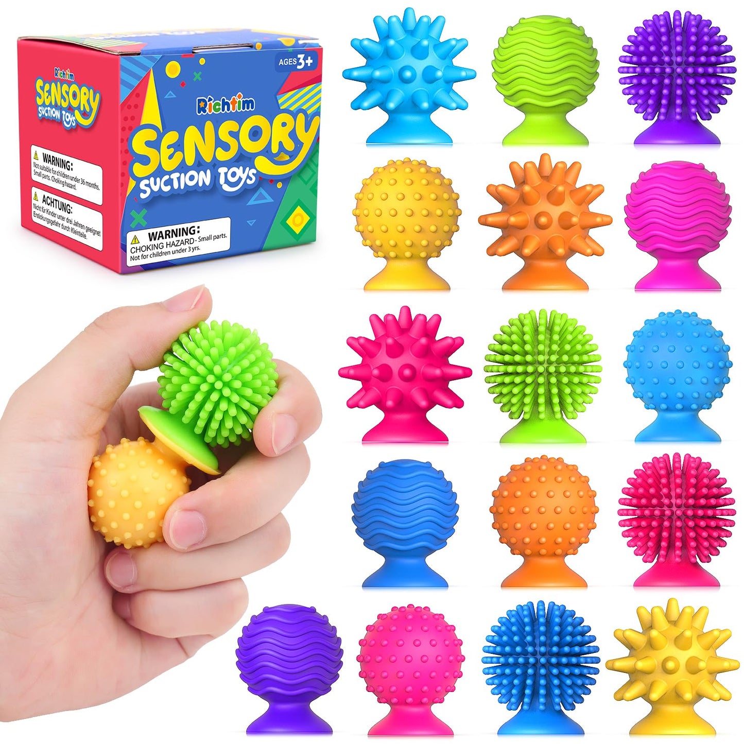 Sensory Fidget Toys Kids Adults: 16 Pack Textured Suction Toy - Sensory Toys for Autism Kids Calming - Quiet Fidgets for Classroom Prize - Travel Essentials Road Trip Activities for Girls Boys Gifts