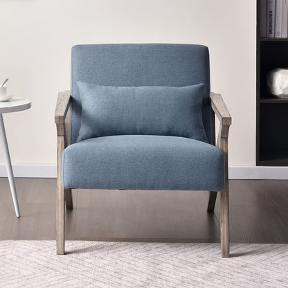 INZOY Mid Century Modern Chair with Wood Frame, Upholstered Armchair with Waist Cushion, Accent Chair for Living Room Bedroom Apartment, Easy Assembly, Blue