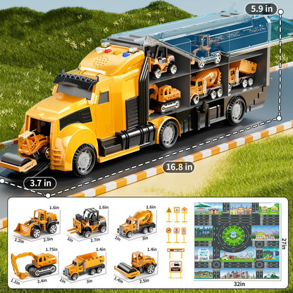 NIPLOOOW Construction Trucks Toy Set with Play Mat, Carrier Truck Play Vehicles Set for 3 4 5 6 Years Old Boys Kids, Die-Cast Car Toy for Toddlers 3-4 Years, Birthday Gifts Toys for 3-9 Year Old Boys