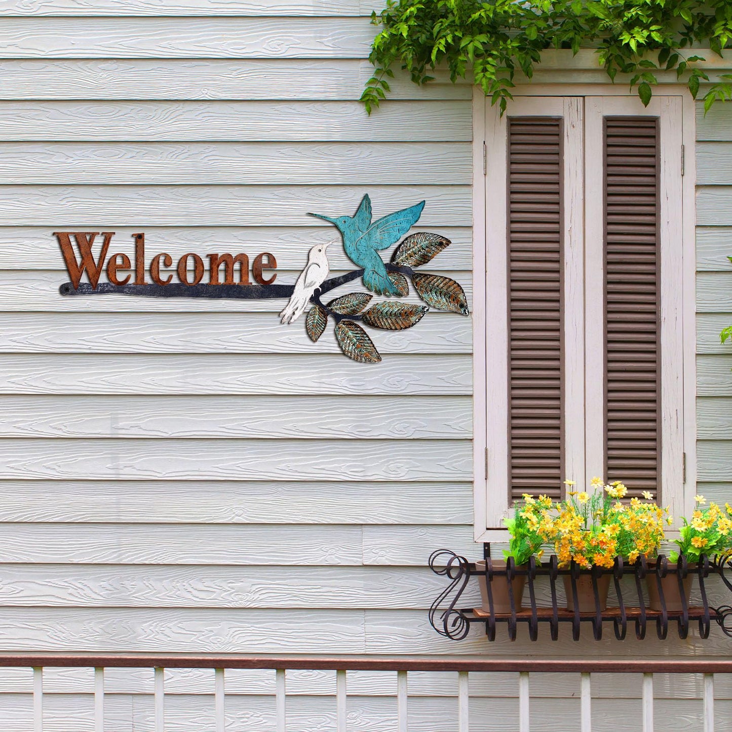 MorningRo Birds on Branch Welcome Sign Metal Wall Art Hummingbirds Yard Decor Rusty Birds Decoration Hanging Outdoor Welcome Wall Sculpture for Home Balcony Patio Garden Yard, 24.55 x 10 Inch