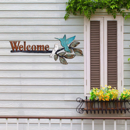 MorningRo Birds on Branch Welcome Sign Metal Wall Art Hummingbirds Yard Decor Rusty Birds Decoration Hanging Outdoor Welcome Wall Sculpture for Home Balcony Patio Garden Yard, 24.55 x 10 Inch
