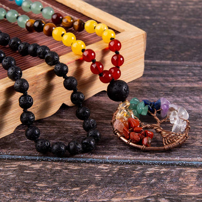 Bivei 108 Mala Beads Necklace Tree of Life 7 Chakra Wrap Bracelet Real Healing Gemstone Yoga Meditation Hand Knotted Mala Prayer Bead Necklace(Lava Rock Stone 6mm)