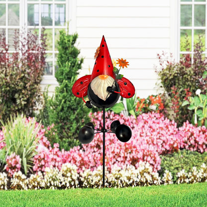 HONGLAND Gnome Metal Yard Art, Gnomes Garden Statue Outdoor Decor, 48 inch Gnome Decorations 360 Degrees Swivel Wind Spinner for Outdoor Patio Garden Backyard Décor - Ladybug