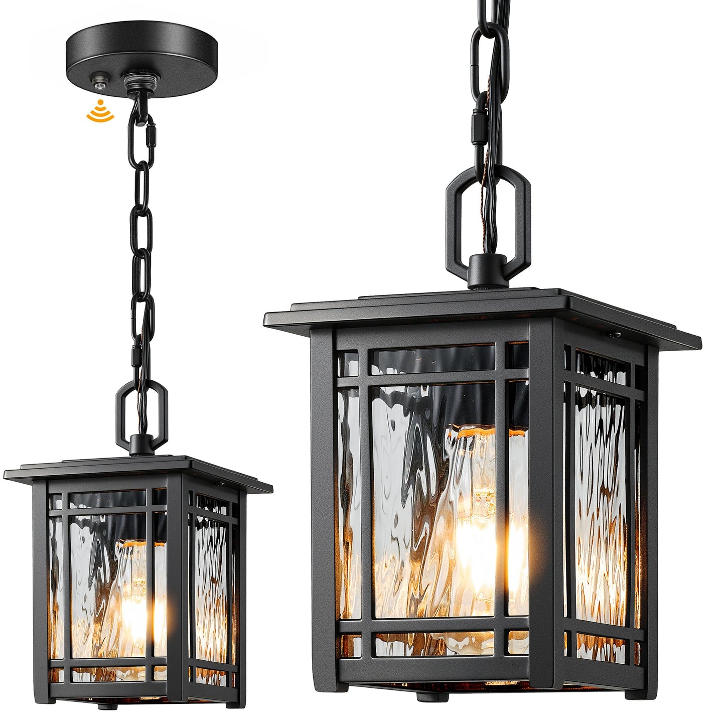 OPAXIS Dusk to Dawn Outdoor Pendant Light Fixtures, Modern Black Outdoor Hanging Lights with Photocell Sensor, Waterproof Exterior Chandelier for Porch, Outside Pendant Lantern with Adjustable Chain