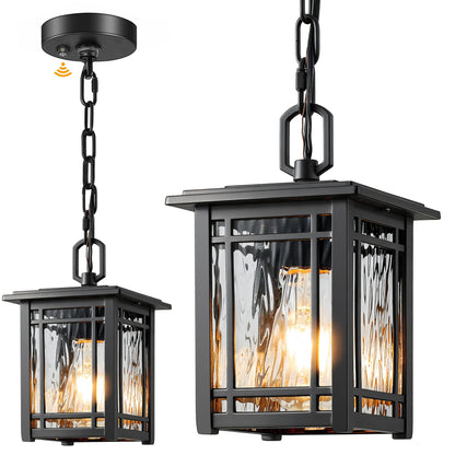 OPAXIS Dusk to Dawn Outdoor Pendant Light Fixtures, Modern Black Outdoor Hanging Lights with Photocell Sensor, Waterproof Exterior Chandelier for Porch, Outside Pendant Lantern with Adjustable Chain