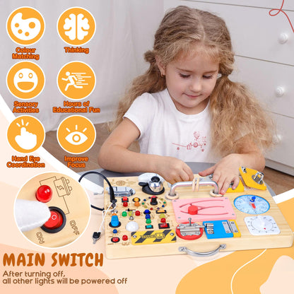 25 in 1 Busy Board with 13 LED Light Switches and 12 Activity, Montessori Toys for 1 2 3 Years Old, Wooden Sensory Board, Toddlers Travel Toys for 1+ Year Old Boy & Girl Birthday Gift（Extra-Large）