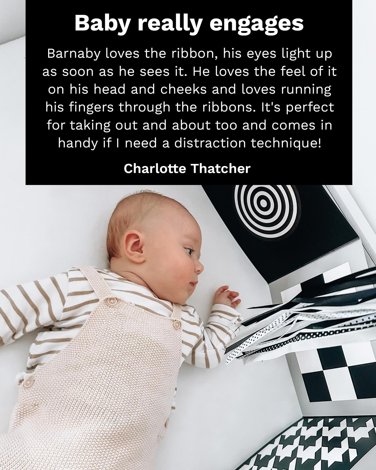 Samuel Sensory Toys Cloud Ribbon - Black and White Baby Toys 0-3 Months Made with Beech Wood & Soft Grosgrain and Satin Ribbon - Developmental High Contrast Baby Toys & Tummy Time Toys