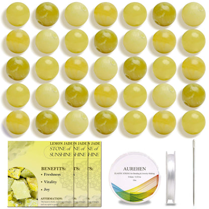 Aurehen Natural Gemstone Beads with Thread Needle Card as Complete Jewelry Making Kit, 120PCS 6mm Genuine Round Loose Energy Stone Spacer Beads, Smooth Healing Crystals for DIY Crafts (Lemon Jade)