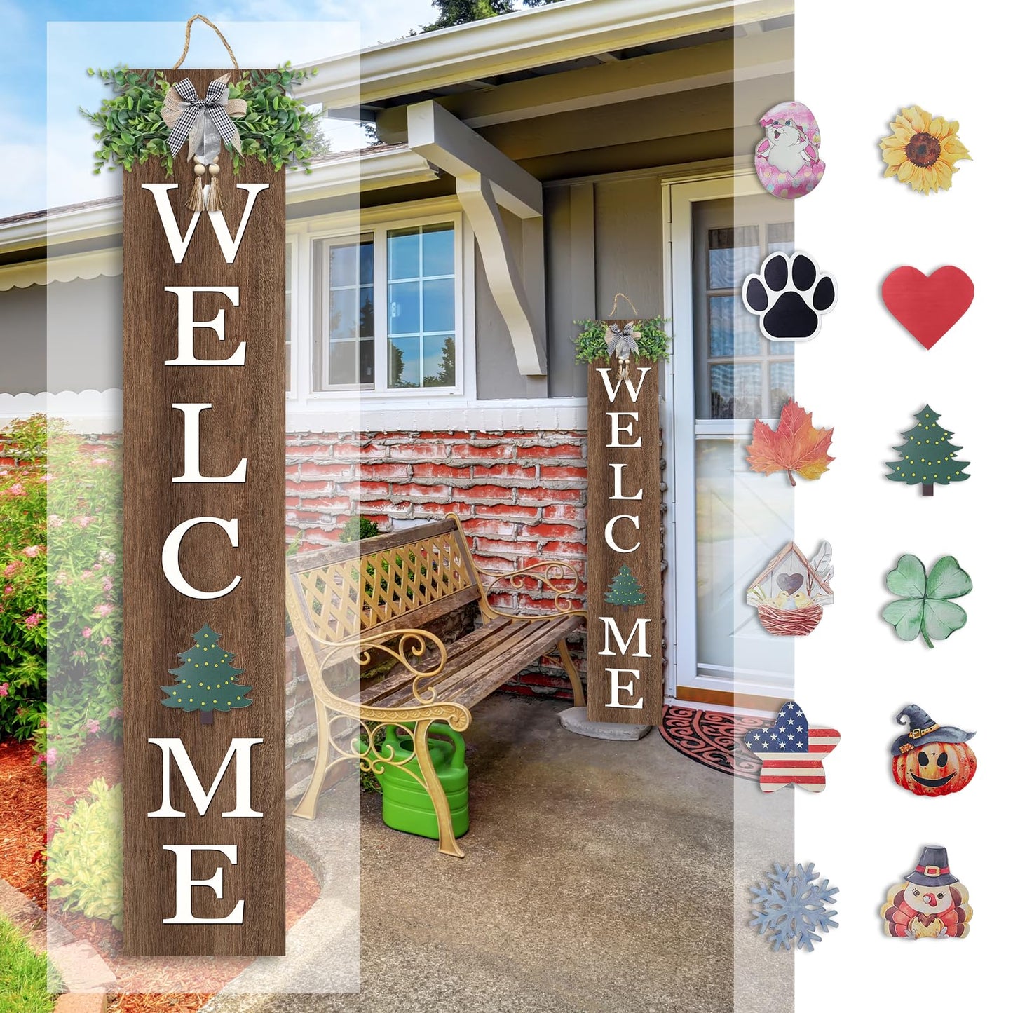 SRSZHIYUE Interchangeable Welcome Sign for Front Door Standing 47"X8" with 12 Pcs Designed Icons Outdoor Front Porch Tall Garden Patio Signs Large Vertical Leaner Vertical Wood Frame Outside Decor (Wood)