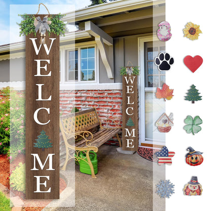 SRSZHIYUE Interchangeable Welcome Sign for Front Door Standing 47"X8" with 12 Pcs Designed Icons Outdoor Front Porch Tall Garden Patio Signs Large Vertical Leaner Vertical Wood Frame Outside Decor (Wood)
