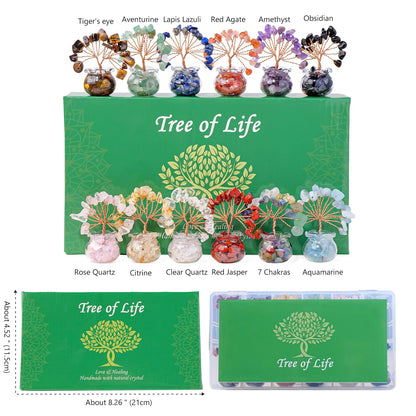 Runyangshi 12pcs Chakra Crystal Tree Set - Fengshui Money Tree with Gemstones, Glass Base, Natural Crystal and Healing Stones for Home Office Decor