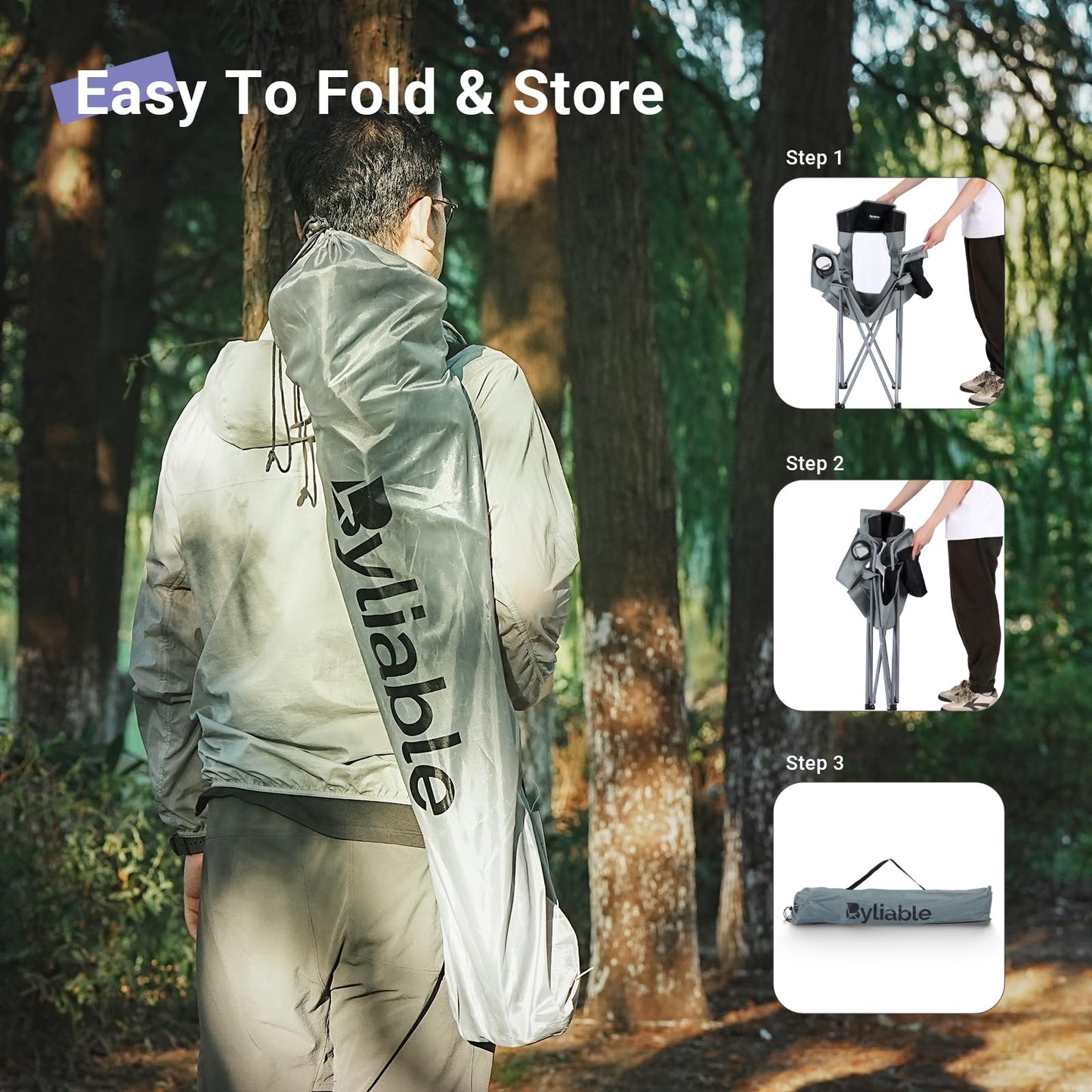 Byliable Camping Chairs Lawn Portable Foldable Camp Folding Lightweight Chair for Adults with Drink Holder and Cooler Pouch Outdoor for Camping, Lawn, Sports, Picnic, Music Festival, Gray Black