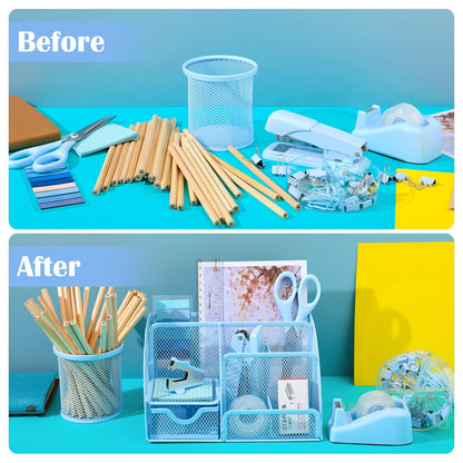 11 in 1 Blue Desk Organizer and Accessories, Blue Desk Accessories Light Blue Office Supplies Include Blue Stapler Blue Tape Dispenser Pen Holder Staple Remover Clips Ruler Scissors Tapes Tabs