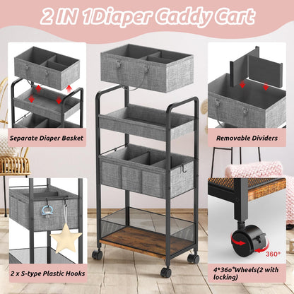 LIDTOP 2In1 Baby Diaper Caddy & 3-Tier Rolling Diaper Cart, Diaper Caddy Organizer Cart with Dividers, Mobile Metal Utility Cart for Nursery Essentials, Detachable Bedside Cart, Large Capacity