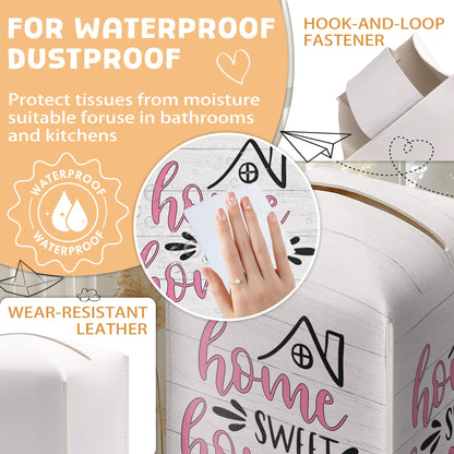 Home Sweet Home Tissue Box Cover, PU Leather Tissue Box Holder Square with Bottom Belt, Facial Paper Organizer Dispenser Toilet Paper Holder for Bathroom Kitchen Office Decor-A22