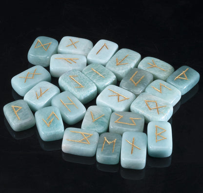 Crocon Amazonite Rectangle Shape Gemstone Runes with Elder Futhark Alphabet Engraved 25 pcs Rune Set Crystal Divination Metaphysical Healing Chakra Reiki Runes Set with a Pouch Size : 20-25mm