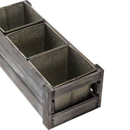SOFE Rustic Wood Planer Box with 3 Galvanized Planter Pot, Indoor Windowsill Herb Garden Organizer, Plant Containers for Flower Succulent, Distressed Gray Finish